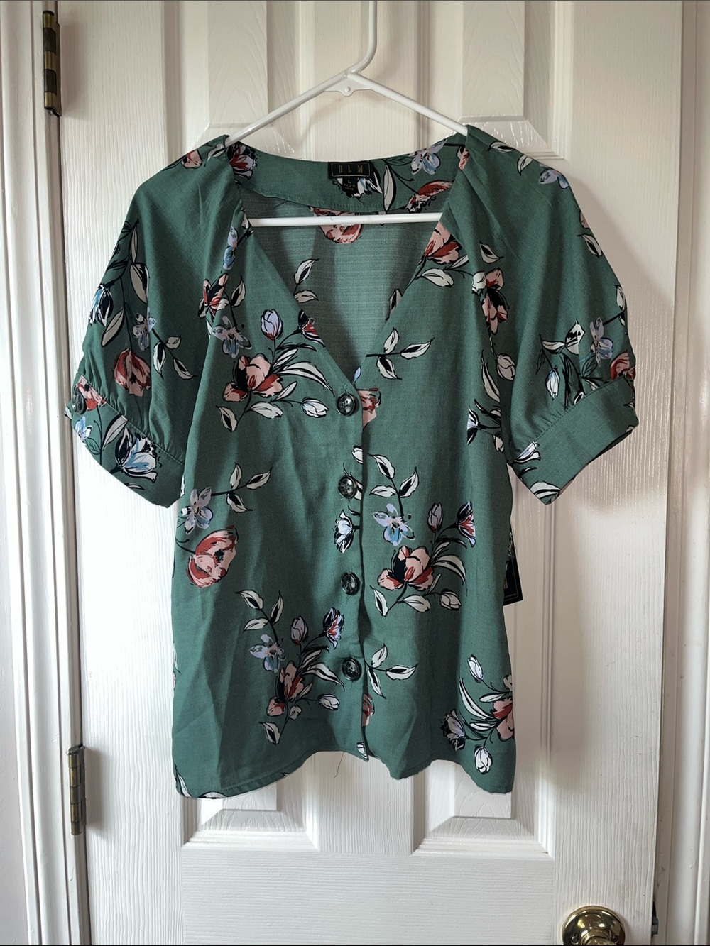 Green Floral V-Neck Button-Up Blouse by OLM Fits like a Medium